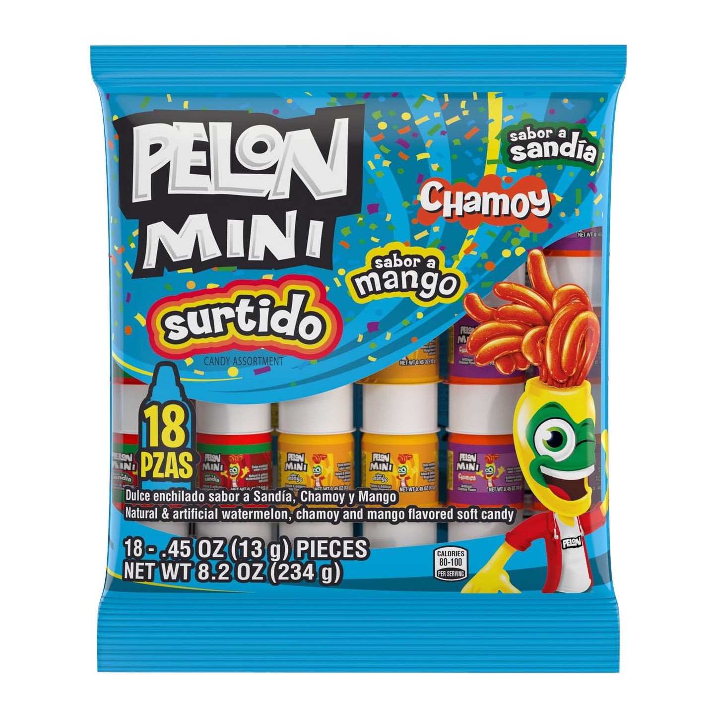 Pelon Pelo Rico Mini Assorted Watermelon, Mango, and Chamoy Candy, 0.45 oz, 18 Count (Pack of 1)