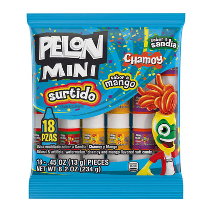 Pelon Pelo Rico Mini Assorted Watermelon, Mango, and Chamoy Candy, 0.45 oz, 18 Count (Pack of 1)