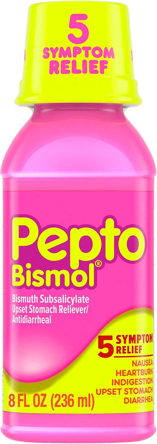 Pepto Bismol Original Liquid 5 Symptom Medicine - Including Upset Stomach and Diarrhea Relief 8 oz (Packaging May Vary)