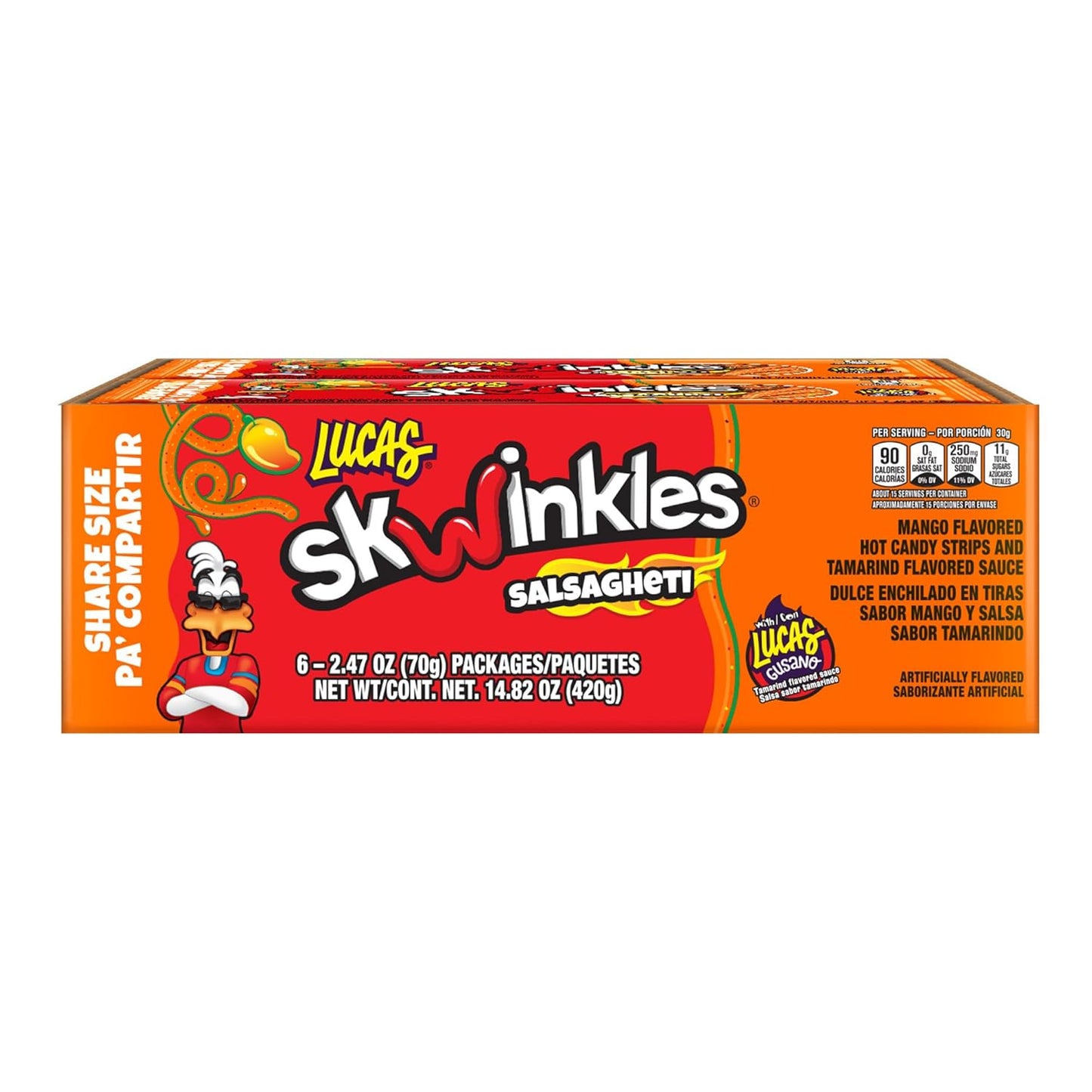 Lucas Salsagheti Mango Flavored Hot Candy Strips and Tamarind Flavored Sauce, King Size 2.4 oz - 6 Pieces Pack for Treats, Snack, Parties, Piñatas