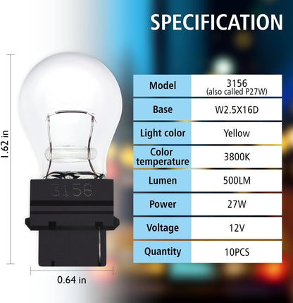 3156 Light Bulb 10 Pack,3156 Automotive Brake Light Turn 3156 Miniature Bulb Mini Bulb Taillight Turn Signal Light,Replacement for Cars,Trucks,SUVs