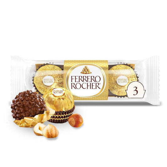 3 Count, Ferrero Rocher Premium Gourmet Milk Chocolate Hazelnut, Individually Wrapped Candy for Gifting, 1.3 oz