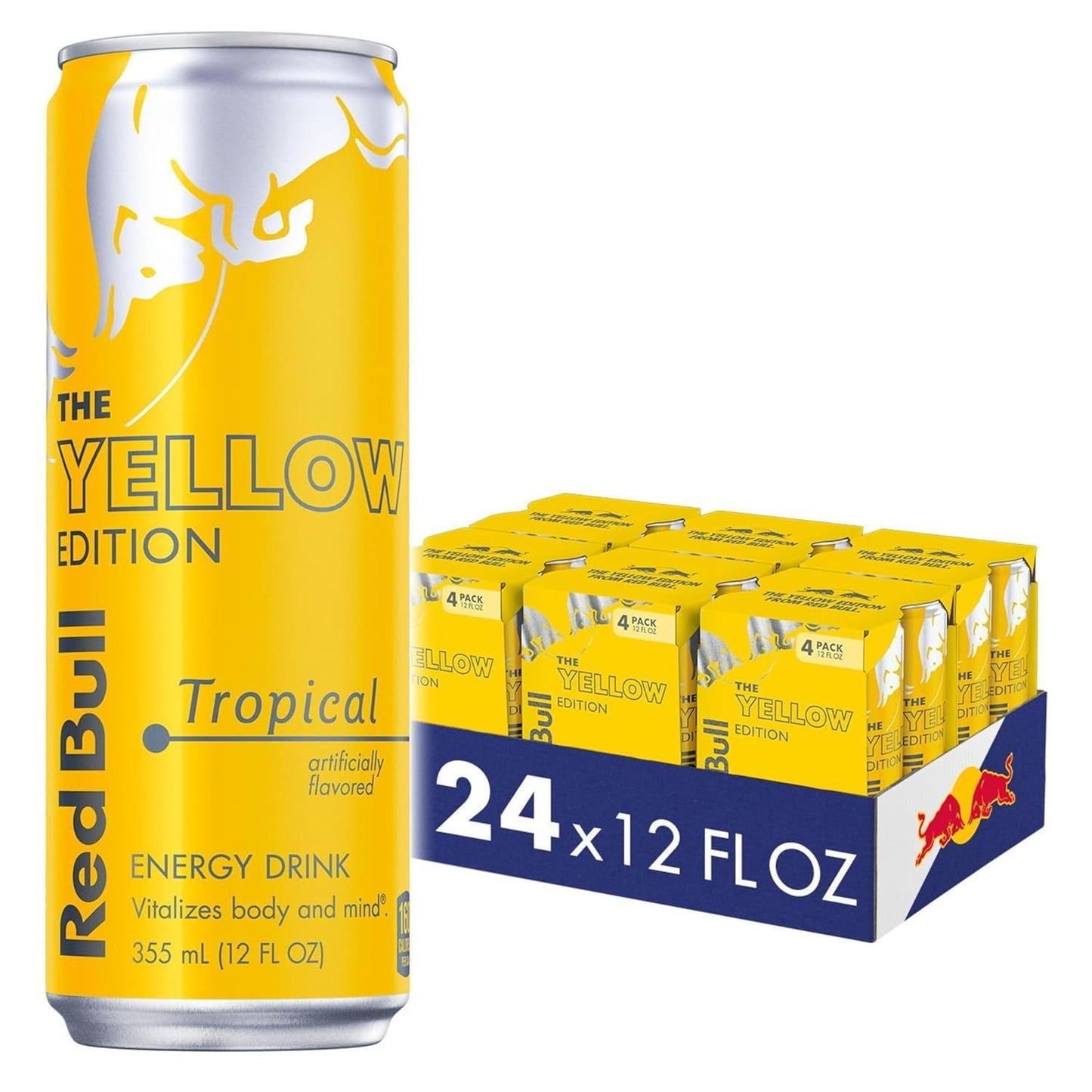 Red Bull Yellow Edition Energy Drink, Tropical, with 114mg Caffeine plus Taurine & B Vitamins, 12 Fl Oz, 6 Packs of 4 Cans (Pack of 24)