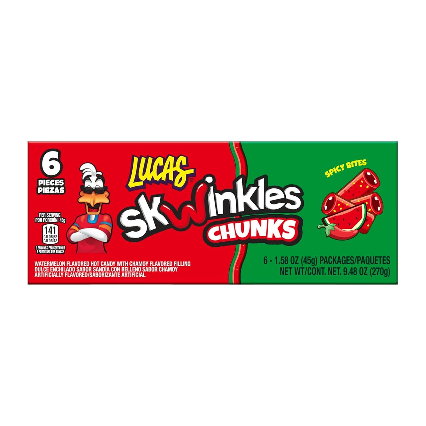 Lucas Skwinkles Candy Chunk Watermelon Flavored with Tamarind Filling 1.60oz, 6 pieces Pack