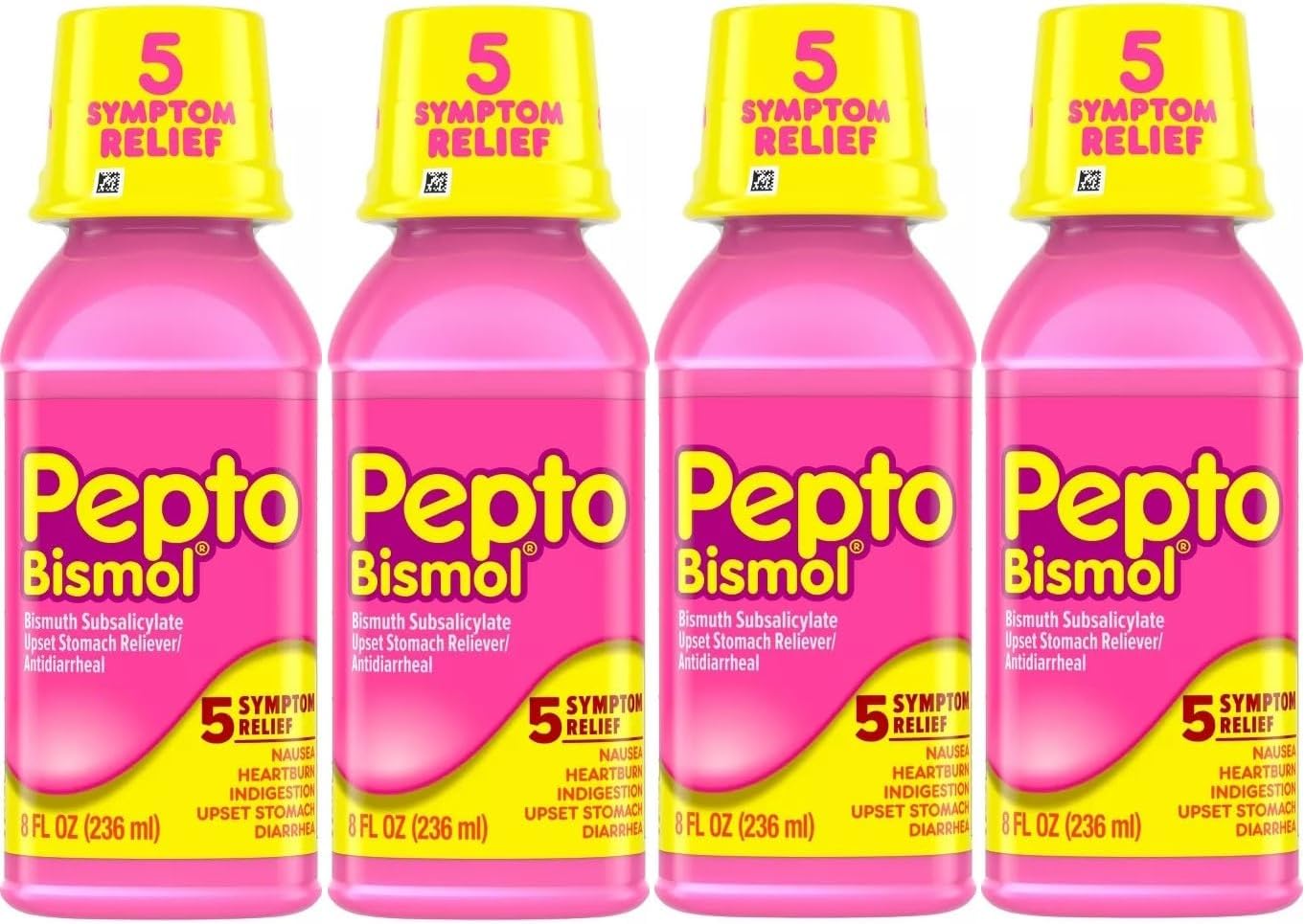 Pepto Bismol 5 Symptoms Digestive Relief Liquid, Original, 8 Ounces (Pack of 4)