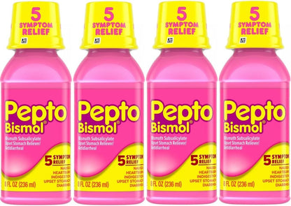 Pepto Bismol 5 Symptoms Digestive Relief Liquid, Original, 8 Ounces (Pack of 4)