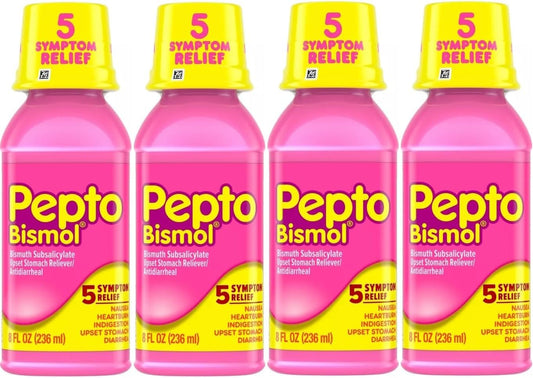 Pepto Bismol 5 Symptoms Digestive Relief Liquid, Original, 8 Ounces (Pack of 4)
