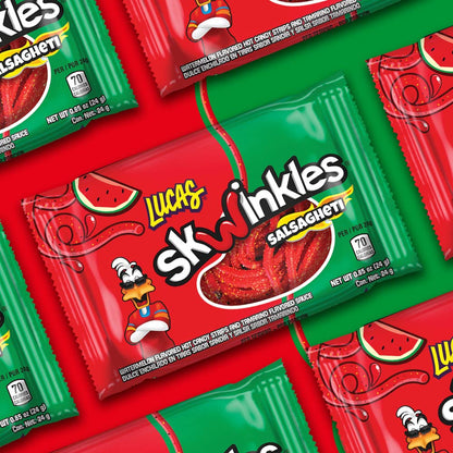 Lucas Salsagheti Watermelon Flavored Hot Candy Strips and Tamarind Sauce, 0.84 oz - 12 Pieces Pack for Treats, Snack, Parties, Piñatas,0.84 Ounce (Pack of 12)
