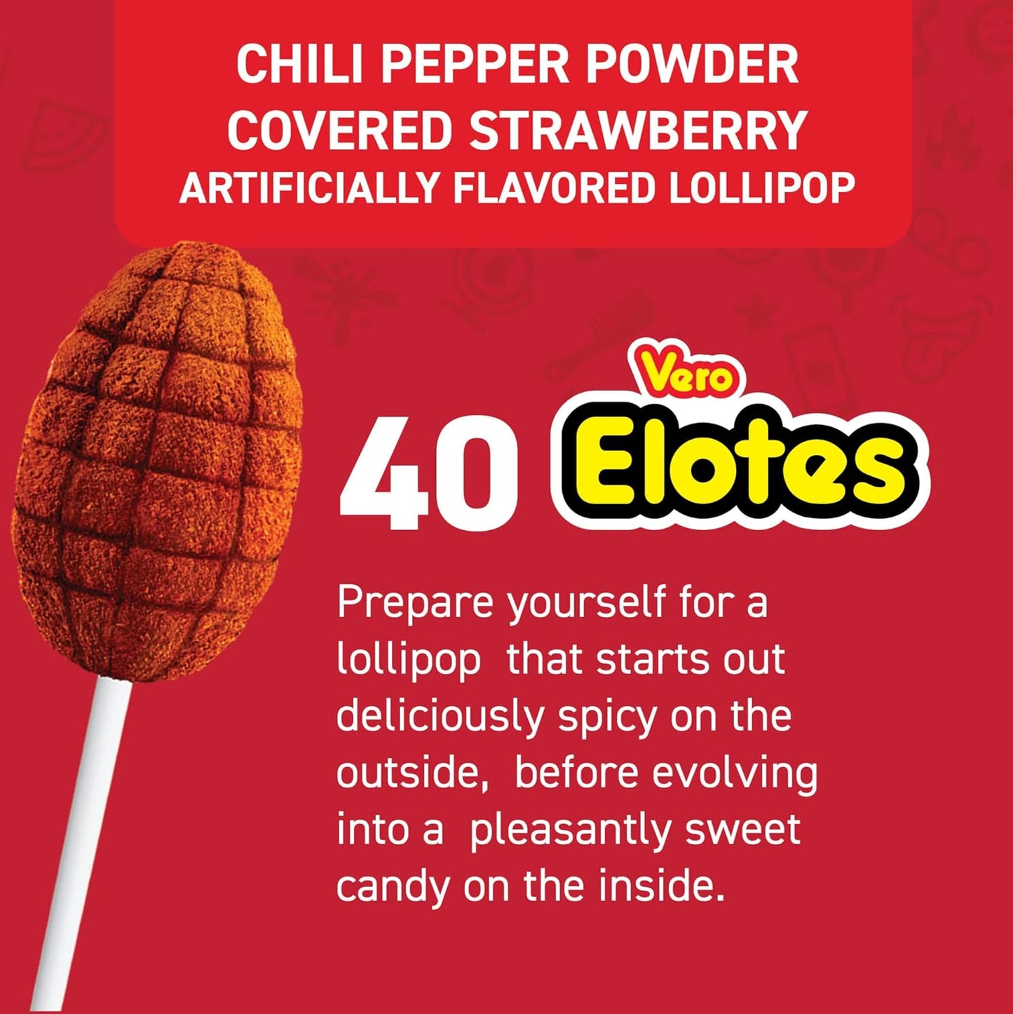 Vero Elotes Strawberry Flavored Lollipops Coated with Chili Powder 40 Count Bag (Net Wt. 22.4 Ounces) - Corn Shaped Mexican Candy - Individually Wrapped Lollipops for Piñatas, Halloween, and More.