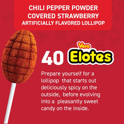 Vero Elotes Strawberry Flavored Lollipops Coated with Chili Powder 40 Count Bag (Net Wt. 22.4 Ounces) - Corn Shaped Mexican Candy - Individually Wrapped Lollipops for Piñatas, Halloween, and More.