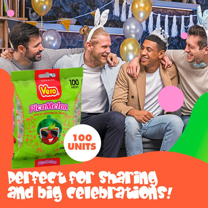 Vero Picamelon - Watermelon Flavored Chewy Gummy Treats Coated in Chili Powder 100 Pieces (Net Wt. 1 Lb, 5,15 Ounces) - Individually Wrapped Mexican Candy Gummies for Piñatas, Halloween, and More