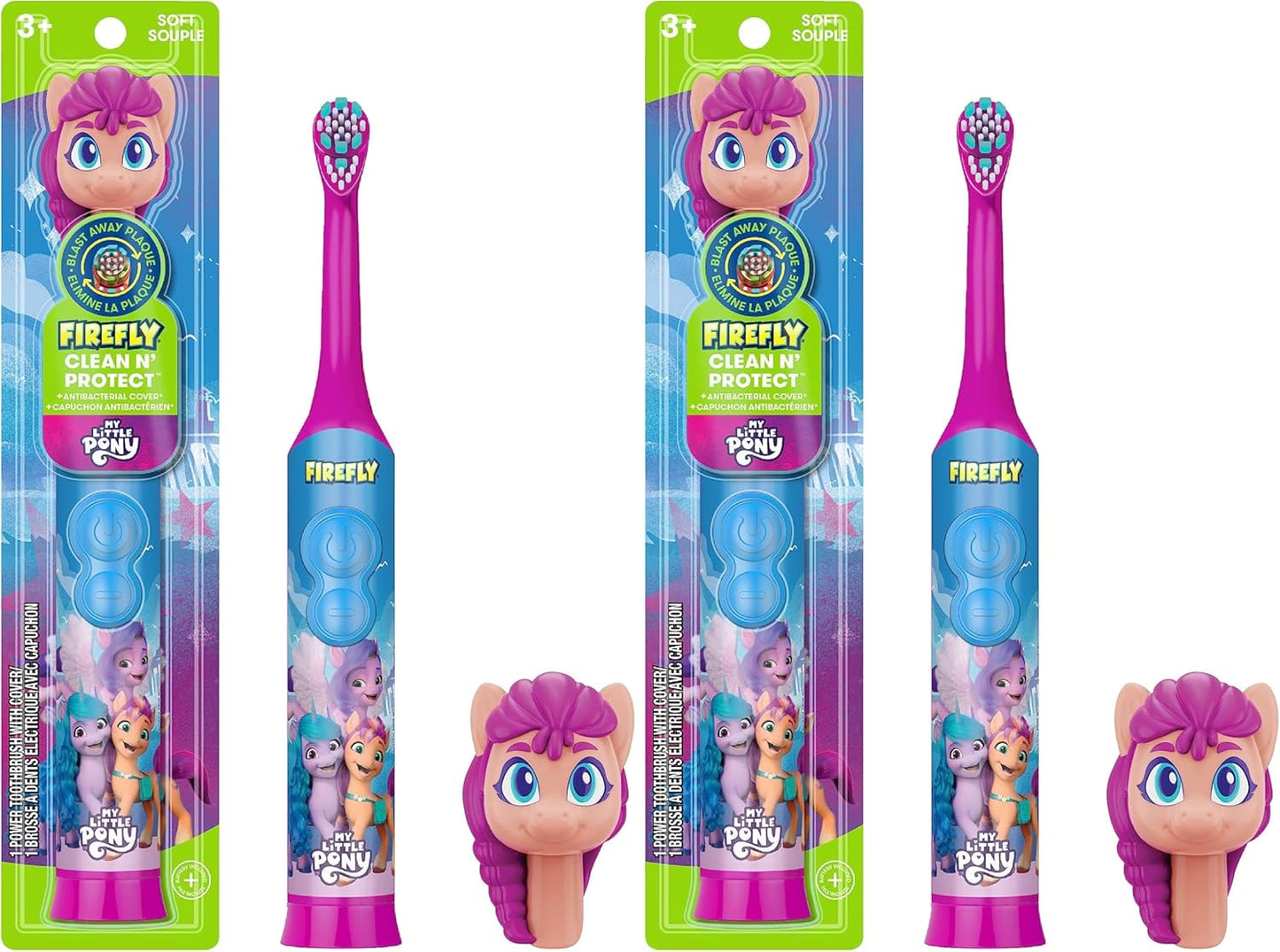 FIREFLY Clean N' Protect My Little Pony Power Toothbrush with 3D Character Cover, Soft Bristles, Battery Included, Ages 3+ (Pack of 2)