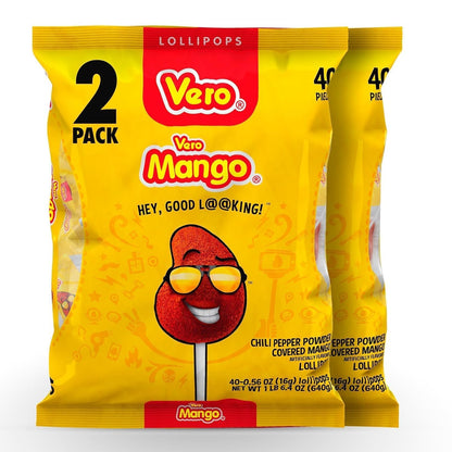 Vero Mango Flavored Lollipops Covered in Chili Powder 40 Count Bag (Pack of 2 - Net Wt. 22.4 Ounces Each) - Individually Wrapped Mexican Candy for Piñatas, Halloween, and More