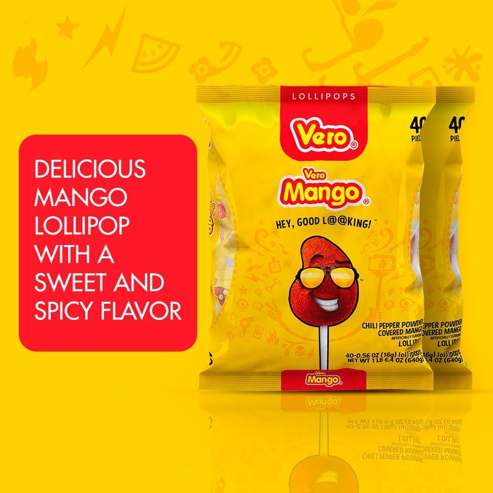 Vero Mango Flavored Lollipops Covered in Chili Powder 40 Count Bag (Pack of 2 - Net Wt. 22.4 Ounces Each) - Individually Wrapped Mexican Candy for Piñatas, Halloween, and More