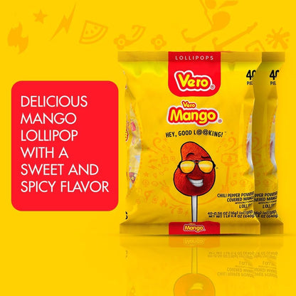 Vero Mango Flavored Lollipops Covered in Chili Powder 40 Count Bag (Pack of 2 - Net Wt. 22.4 Ounces Each) - Individually Wrapped Mexican Candy for Piñatas, Halloween, and More