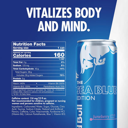 Red Bull Sea Blue Edition Energy Drink, Juneberry, with 114mg Caffeine plus Taurine & B Vitamins, 12 Fl Oz, Pack of 24 Cans
