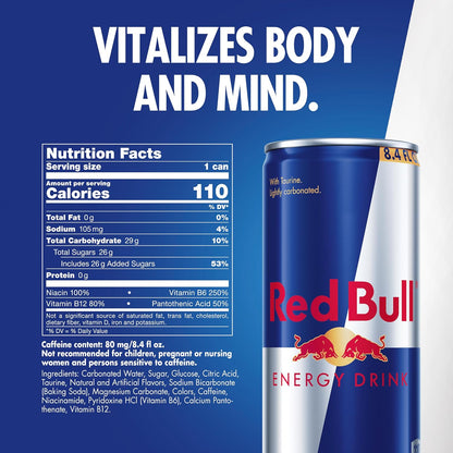 Red Bull Energy Drink with 80mg Caffeine plus Taurine & B Vitamins, 8.4 Fl Oz, Pack of 24 Cans