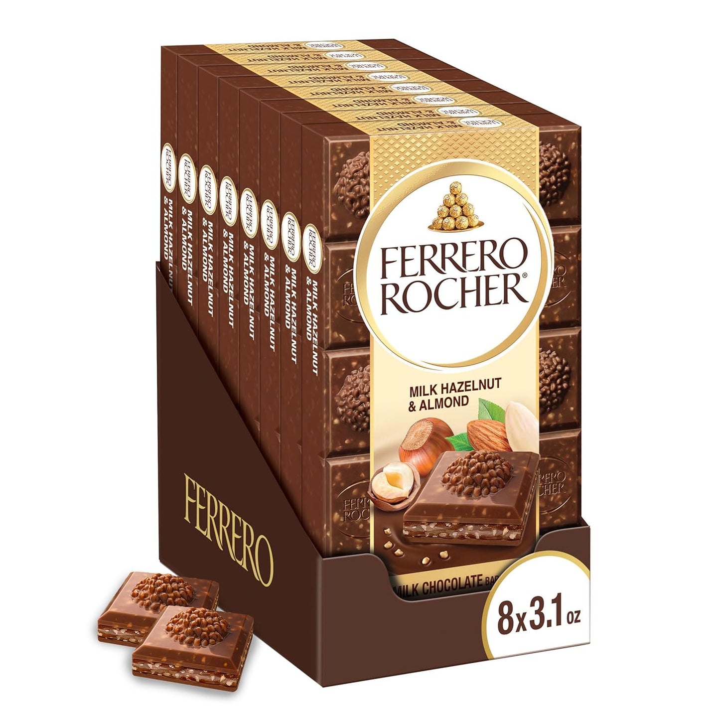 Ferrero Rocher Premium Chocolate Bars, 8 Pack, Milk Chocolate Hazelnut & Almond, 3.1 oz Each