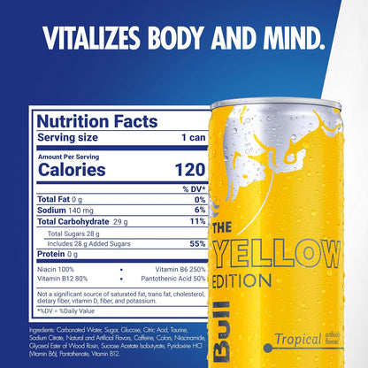 Red Bull Yellow Edition Energy Drink, Tropical, with 80mg Caffeine plus Taurine & B Vitamins, 8.4 Fl Oz, Pack of 24 Cans
