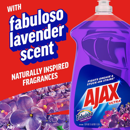 Ajax Ultra Liquid Dish Soap with Fabuloso Lavender Scent, Deep Cleaning Action, Mess-Free, Easy-Flip Cap, 52 fl oz Bottle
