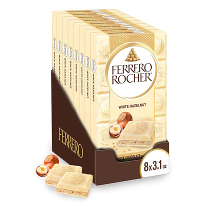 Ferrero Rocher Premium Chocolate Bar, White Chocolate Bar with Hazelnut Filling, 8 Count, 3.1 oz Each