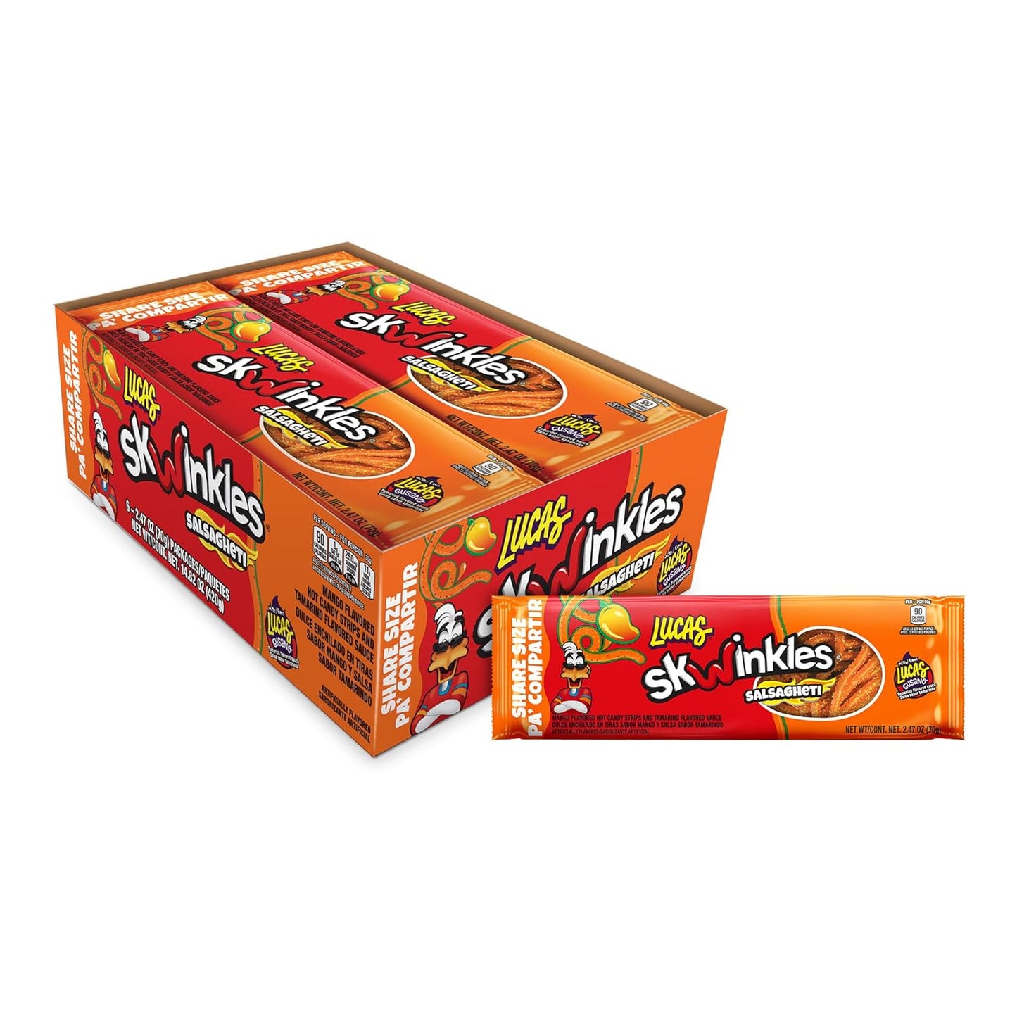 Lucas Salsagheti Mango Flavored Hot Candy Strips and Tamarind Flavored Sauce, King Size 2.4 oz - 6 Pieces Pack for Treats, Snack, Parties, Piñatas