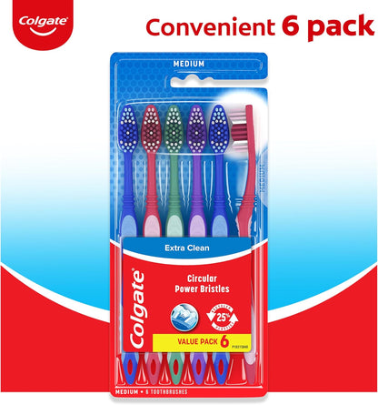 Colgate Extra Clean Toothbrush, Medium Toothbrush for Adults, 6 Pack