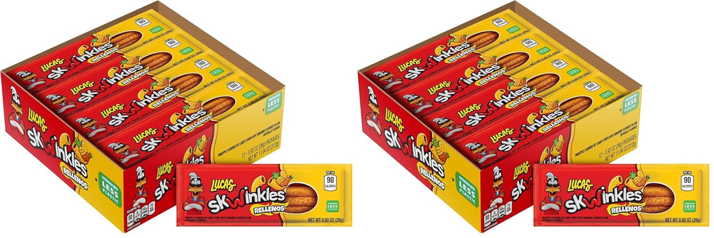 Lucas Skwinkles Pineapple - Tamarind Filled Flavored Sweet & Sour Candy Strips, 0.92oz - 12 Pieces for Treats, Fruit, Parties, Piñatas (Pack of 2)