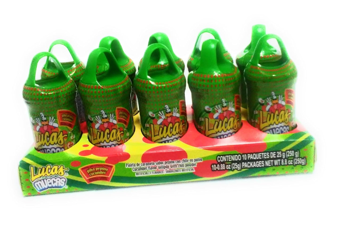 Lucas Muecas Pepino Cucumber Flavored Lollipop with Chili Powder Mexican Candy, 10 Pieces