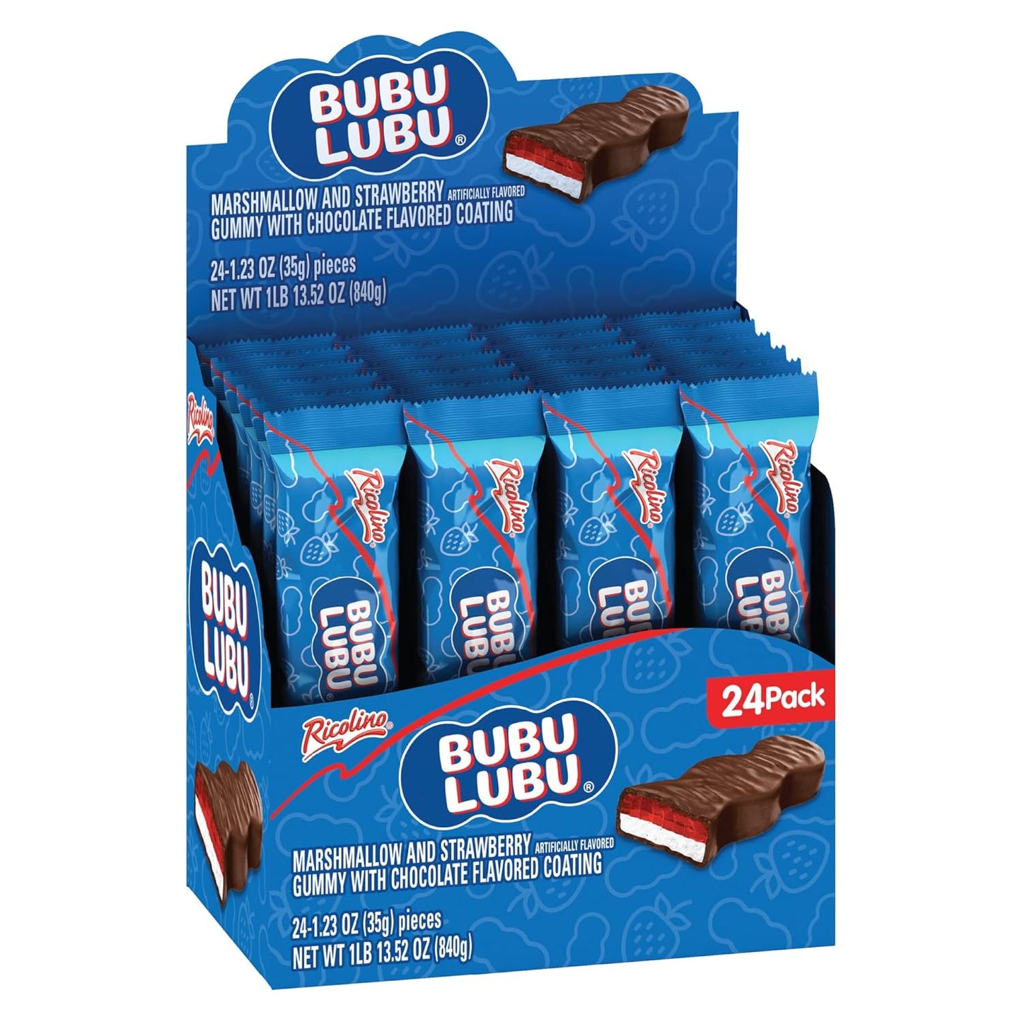 Ricolino Bubulubu Marshmallow with Strawberry Artificially Flavored Gummy with Chocolate Flavored Coating Bar, 1 Pound 13.52 Ounces, 24 Count Box