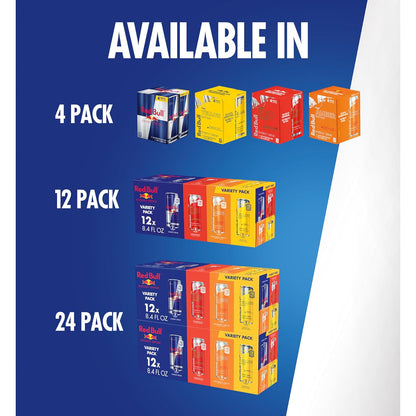 Red Bull Energy Drink Variety Pack, Red, Yellow & Amber, with 80mg Caffeine plus Taurine & B Vitamins, 8.4 Fl Oz, Pack of 12 Cans