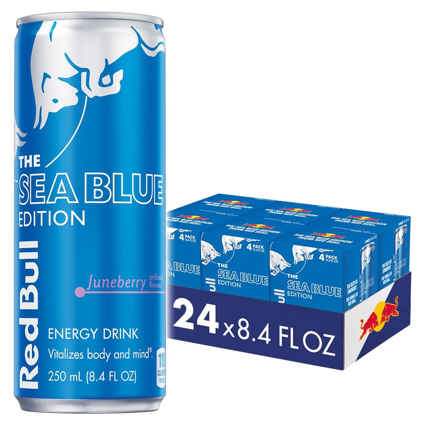 Red Bull Sea Blue Edition Energy Drink, Juneberry, with 80mg Caffeine plus Taurine & B Vitamins, 8.4 Fl Oz, Pack of 24 Cans (6 Packs of 4)