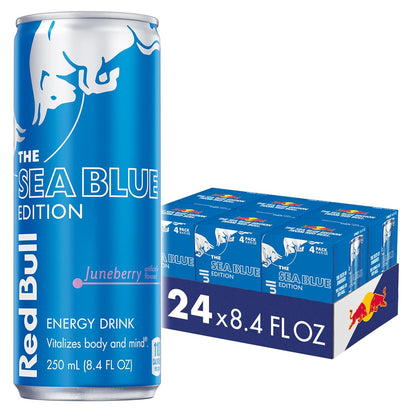 Red Bull Sea Blue Edition Energy Drink, Juneberry, with 80mg Caffeine plus Taurine & B Vitamins, 8.4 Fl Oz, Pack of 24 Cans (6 Packs of 4)