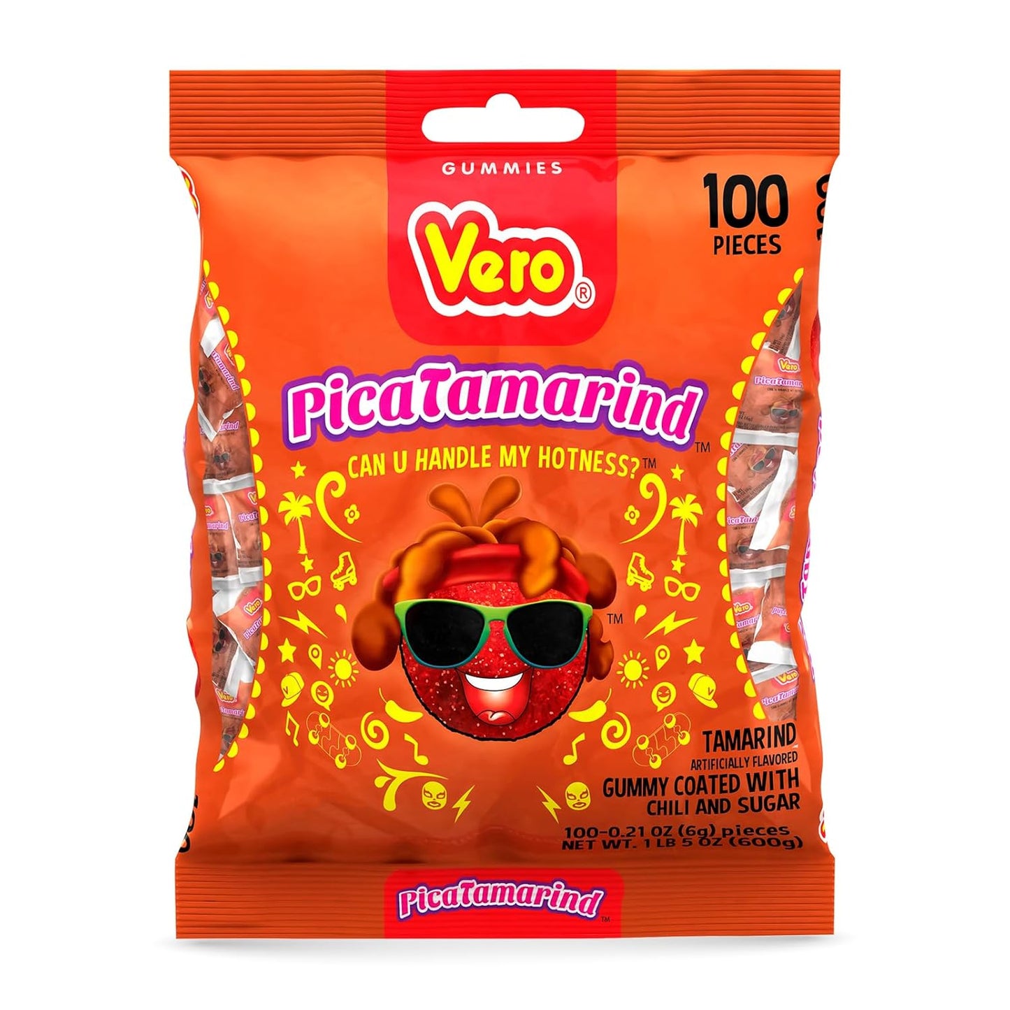 Vero Picatamarind - Tamarind Flavor Chewy Gummy Treats Coated with Chili Powder & Sugar 100 Pieces (5.15 Oz) - Mexican Candy - Individually Wrapped Gummies for Halloween, Piñatas, and More