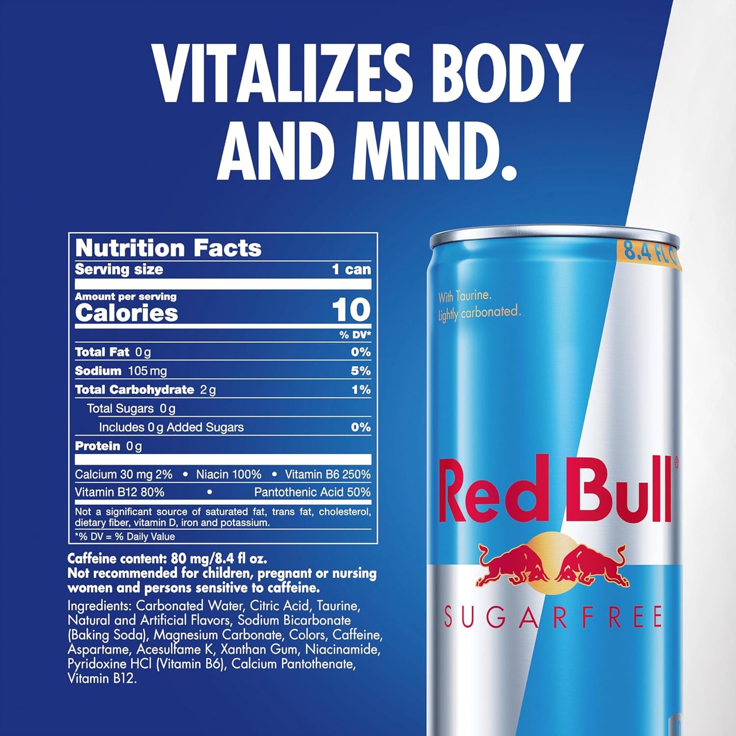 Red Bull Sugar Free Energy Drink with 80mg Caffeine plus Taurine & B Vitamins, 8.4 Fl Oz, Pack of 12 Cans