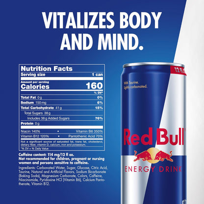 Red Bull Energy Drink with 114mg Caffeine plus Taurine & B Vitamins, 12 Fl Oz, Pack of 4 Cans