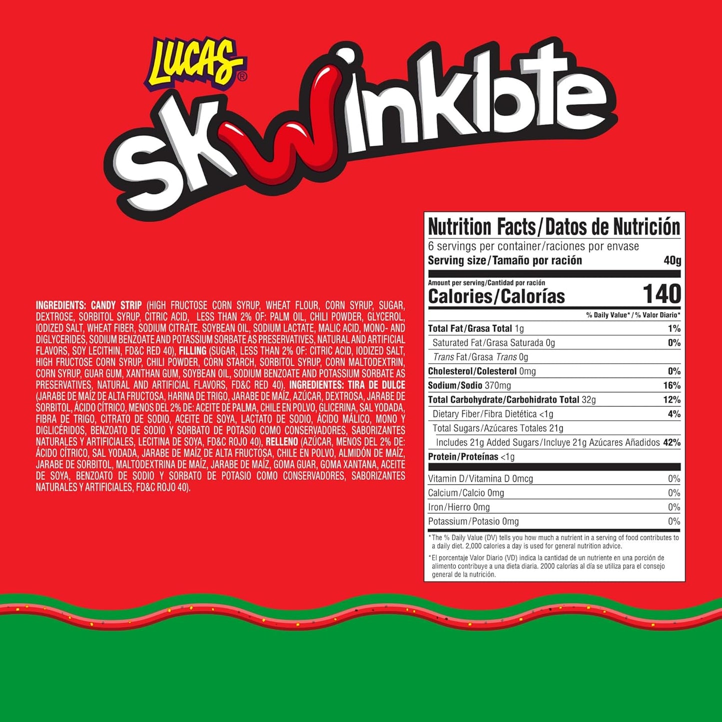 Lucas Skwinklote Watermelon Flavor Sweet and Sour Candy Strip, 1.41oz - 6 Pieces Pack for Treats, Snack, Parties, Piñatas