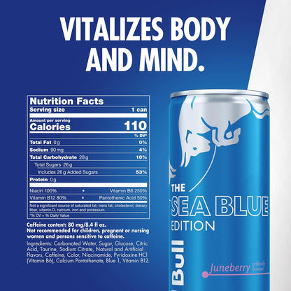 Red Bull Sea Blue Edition Energy Drink, Juneberry, with 80mg Caffeine plus Taurine & B Vitamins, 8.4 Fl Oz, Pack of 24 Cans (6 Packs of 4)