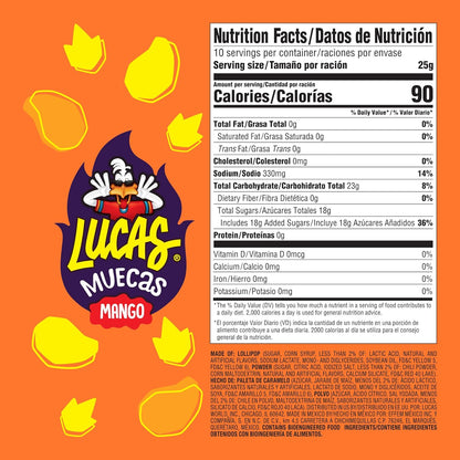 Lucas Muecas Lollipop Mango Flavor Candy, 0.96oz - 10 Pieces Pack for Treats, Snack, Parties, Piñatas