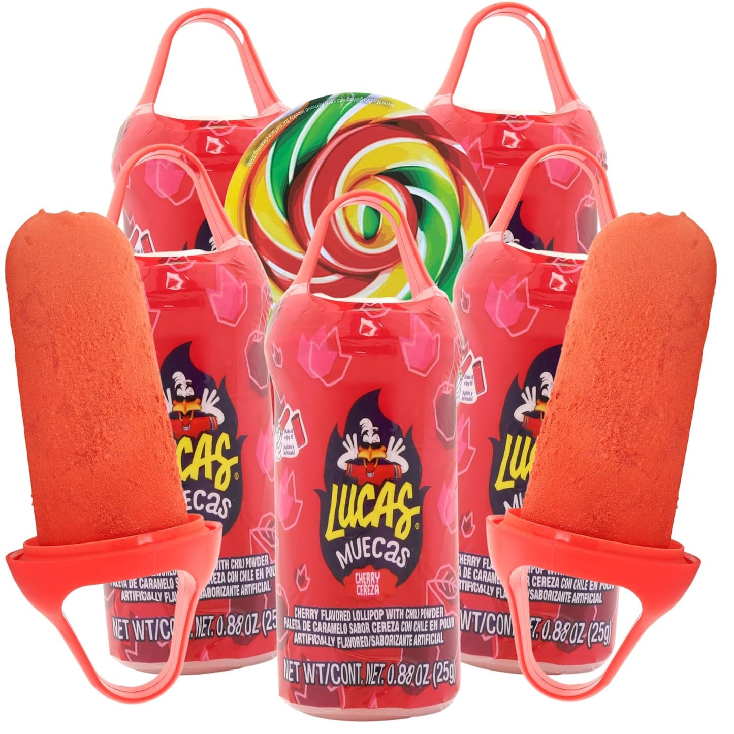 Needzo Lucas Muecas Cherry Flavored, 2 in 1 Candy Powder and Lollipop, Fiesta Favors, Swirl Sticker Included, 0.88 Ounces (Pack of 5)