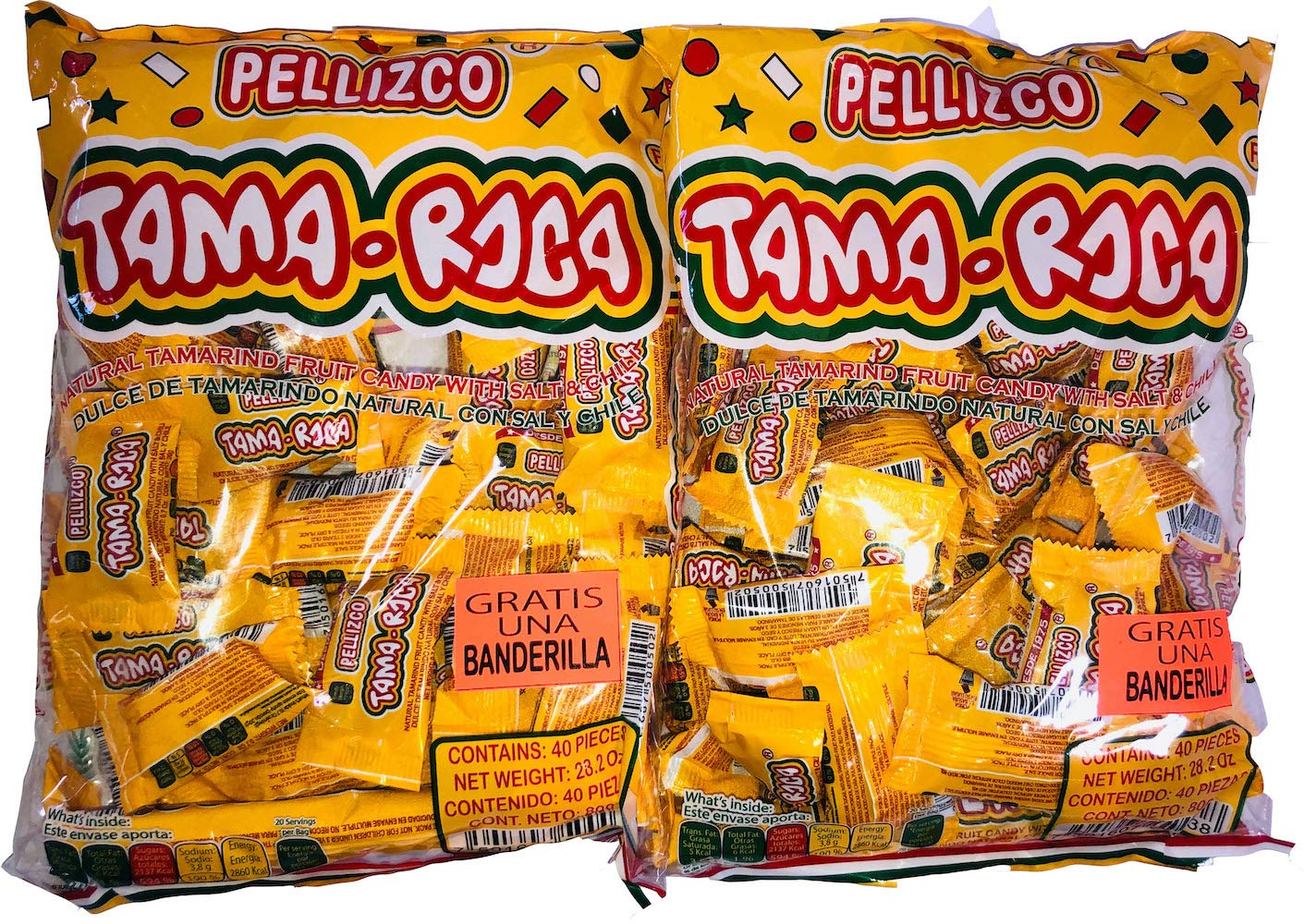 Tama Roca Pellizco Natural Tamarind Candy with Salt and Chili 40 Count (2 Pack) with FREE Cachepigui Lollipop Candy (1BAG) by MEXICAN CANDY