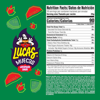 Lucas Muecas Lollipop Watermelon Flavor Candy, 0.96oz - 10 Pieces Pack for Treats, Snack, Parties, Piñatas