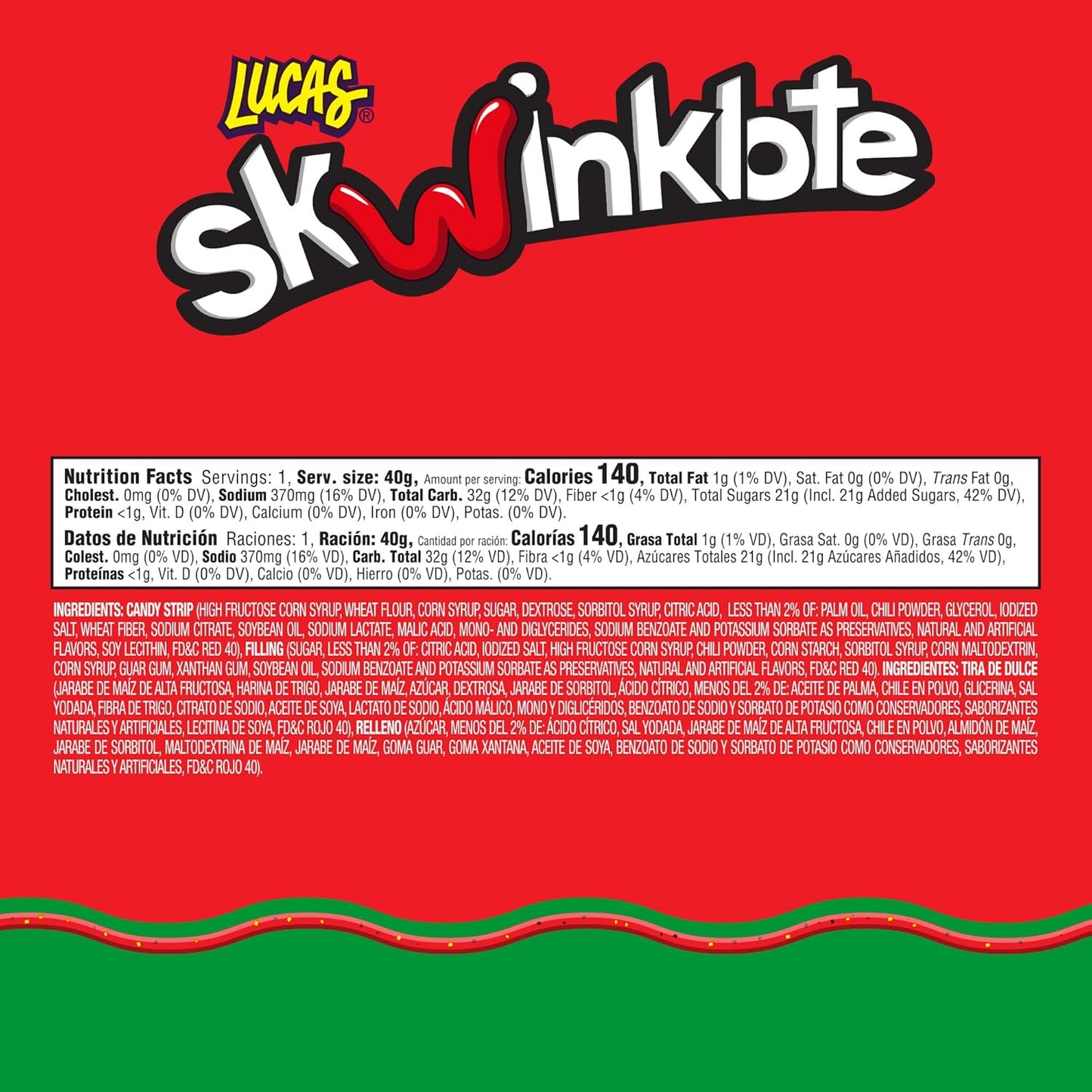 Lucas Skwinklote Watermelon Flavor Sweet and Sour Candy Strip, 1.41oz - 6 Pieces Pack for Treats, Snack, Parties, Piñatas