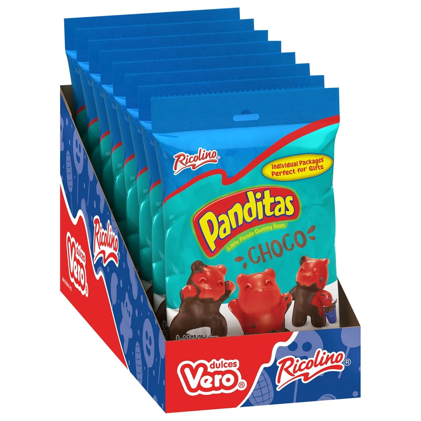 Ricolino Panditas Choco, Little Panda Gummy Bears Candy Pack, Strawberry Artificially Flavored with Chocolate Flavored Coating, Box of 8 Bags, Each Containing 8 Individually Wrapped 0.7 Ounce Large Gummies, Net Weight of 44.8 Ounces