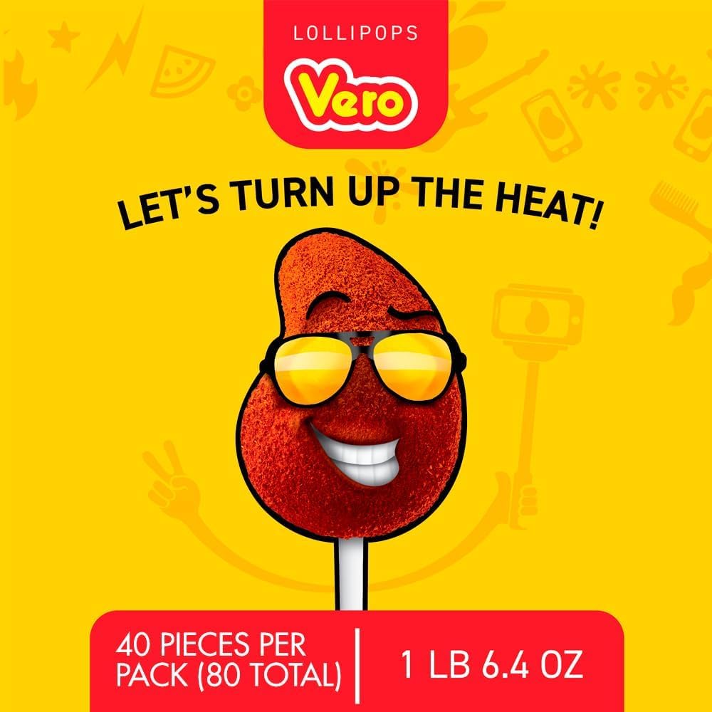 Vero Mango Flavored Lollipops Covered in Chili Powder 40 Count Bag (Pack of 2 - Net Wt. 22.4 Ounces Each) - Individually Wrapped Mexican Candy for Piñatas, Halloween, and More