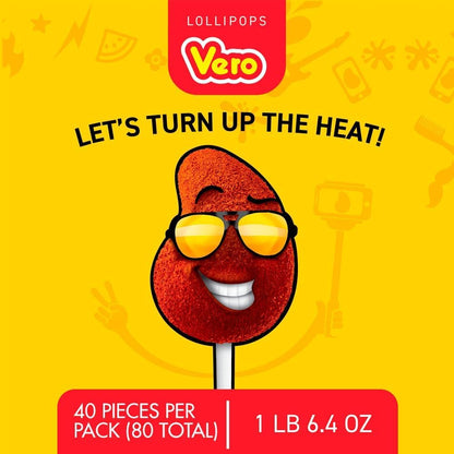 Vero Mango Flavored Lollipops Covered in Chili Powder 40 Count Bag (Pack of 2 - Net Wt. 22.4 Ounces Each) - Individually Wrapped Mexican Candy for Piñatas, Halloween, and More