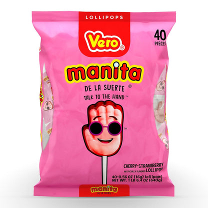 Vero Manita Paletas Strawberry & Cherry Flavored Lollipop (40 Count Bag) - Individually Wrapped Lollipops - Mexican Candy - Paletas Mexicanas Sabor Fresa
