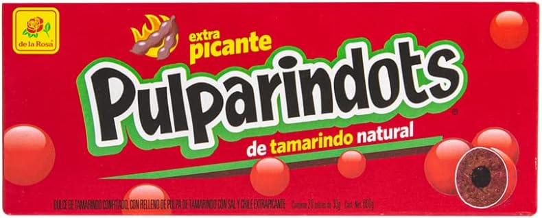 De La Rosa Pulparindots Tamarind Extra Hot, 12 Packets, 10 Pcs EA. Authentic Mexican Candy