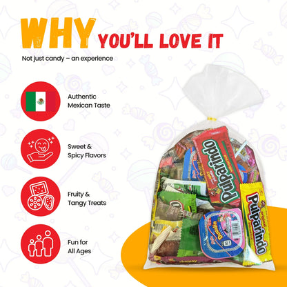 Bulk Mexican Candy Mix – Dulces Mexicanos Surtidos, Mexican Candy Variety Pack (50 Count) with Vero Lollipops, Lucas, Pulparindo Tamarindo, Mazapan, Spicy Snacks & a lot more.