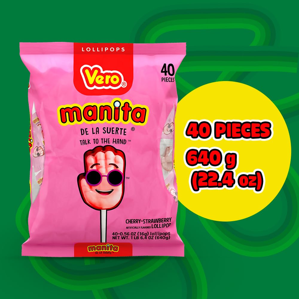 Vero Manita Paletas Strawberry & Cherry Flavored Lollipop (40 Count Bag) - Individually Wrapped Lollipops - Mexican Candy - Paletas Mexicanas Sabor Fresa